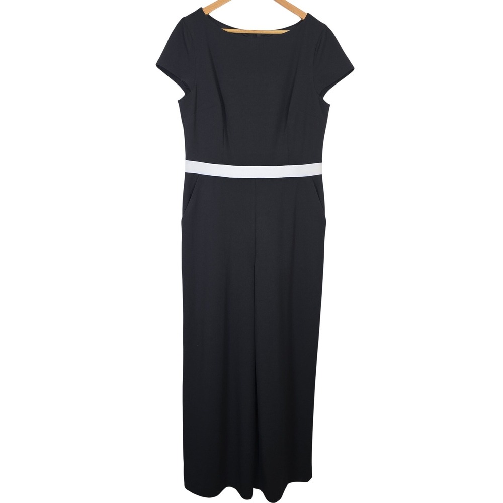 Donna Morgan Womens Black White Contrast Waist Wide Leg Jumpsuit Size 14